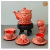 VIETNAM HANDMADE CARVING CERAMIC - RED CLIMBING PATTERN TEA SET 003