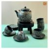 VIETNAM HANDMADE CARVING CERAMIC - BLACK FLOWER PATTERN TEA SET 004