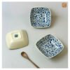 VIETNAM HAND-PAINTED CERAMIC - DEEP SQUARE BOWL IN BLUE FLOWERS