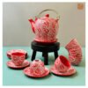 VIETNAM CARVING CERAMIC - RED LEAF PATTERN TEA SET 005